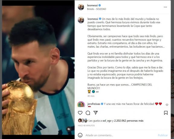 “Qué hermosa locura”, el emotivo mensaje de Messi a un mes de la conquista de la Copa del Mundo
