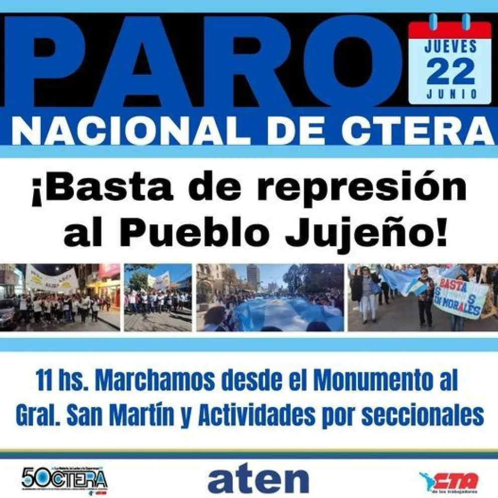 Por conflictividad en Jujuy, el jueves paran los docentes de ATEN