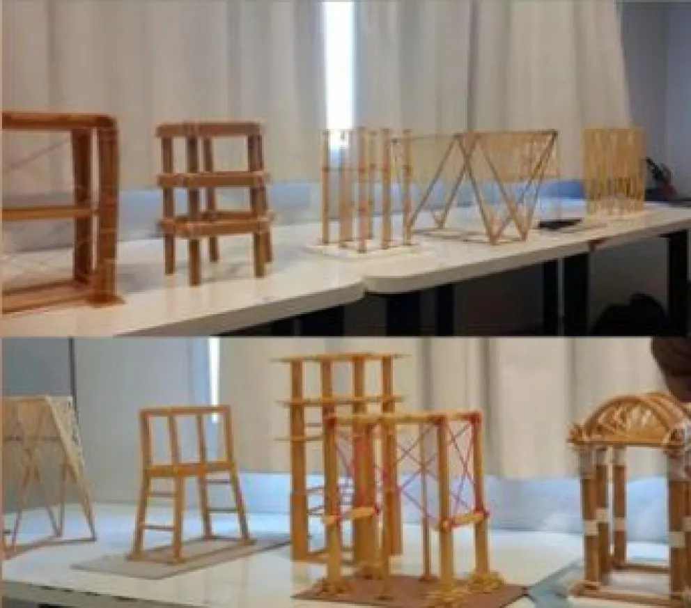 Concurso de estructuras: Una maqueta de fideos e hilo debía soportar el peso de 7 ladrillos 